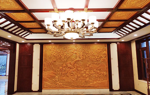 正宁中式别墅客厅中式木作横梁吊顶装饰展示